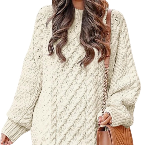 🆕 NWT Beige Crewneck Long Sleeve Oversized Knit Chunky Pullover Sweater Dress - Picture 1 of 5